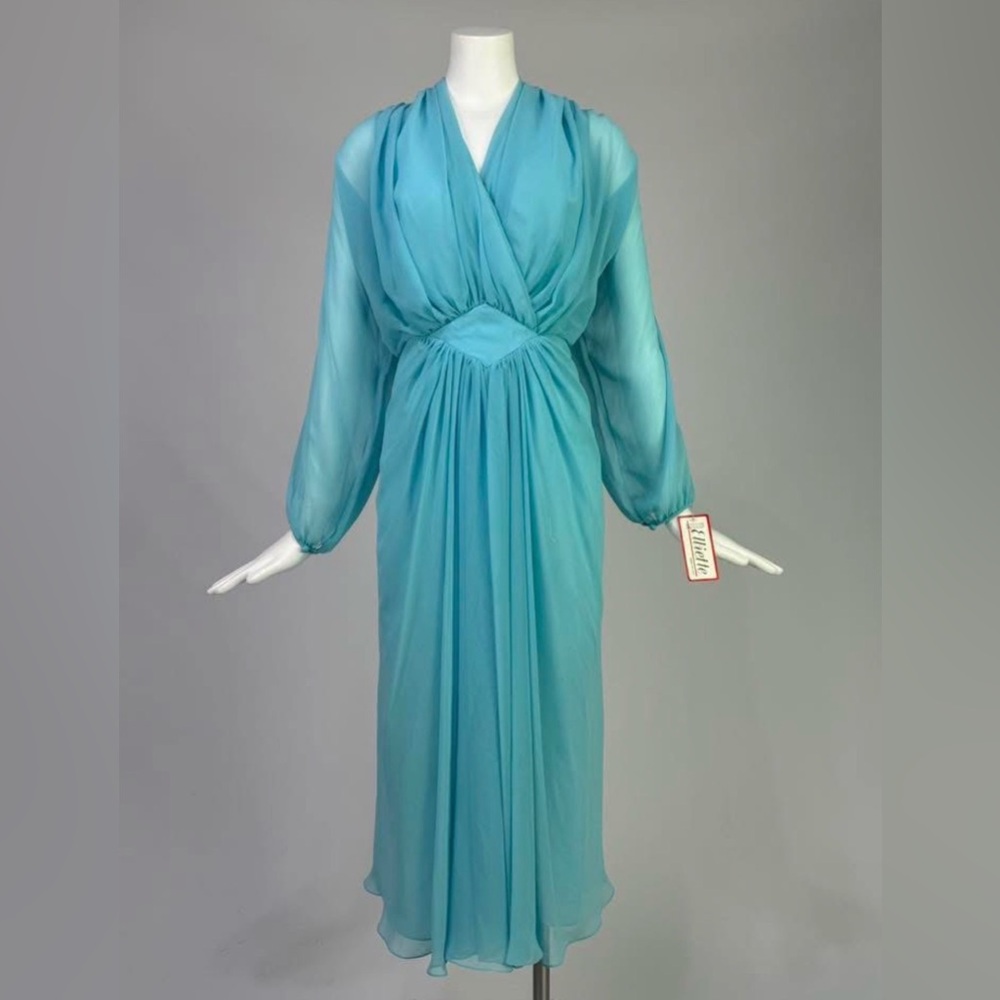 Vintage New Old Stock Miss Elliette 1980s Heavily Draped Chiffon Formal Dress, L